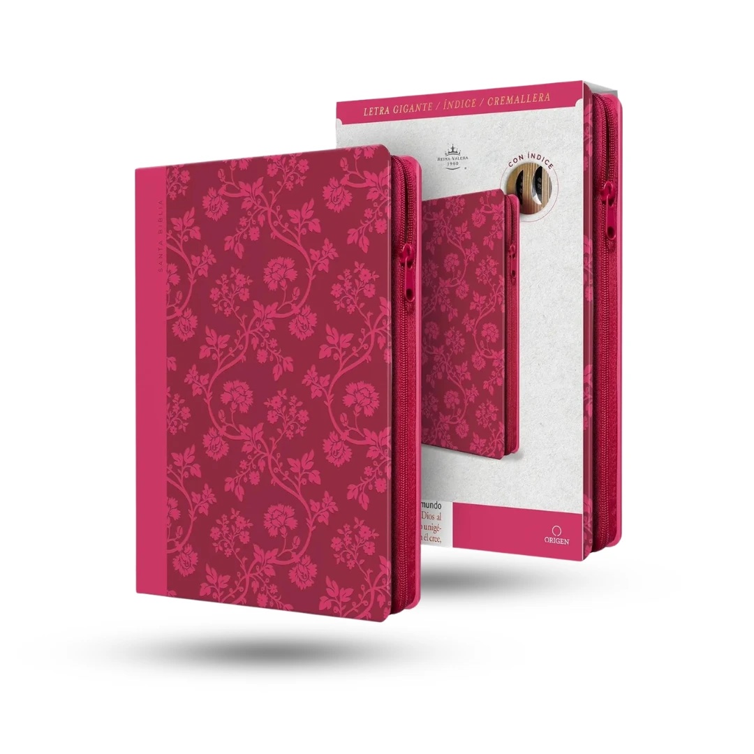 Biblia Reina Valera 1960 letra grande. Símil piel Fucsia, cremallera, indice, tamaño manual